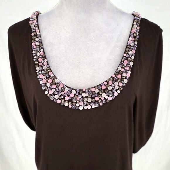 Escada Sport Top Womens Large Brown Blouse Pink Beads Neckline Stretch Knit - Picture 7 of 14